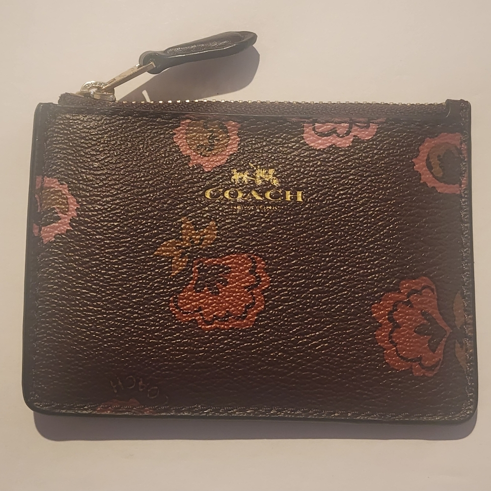 Coach Burgundy Floral Leather Key Holder/ Coin Purse